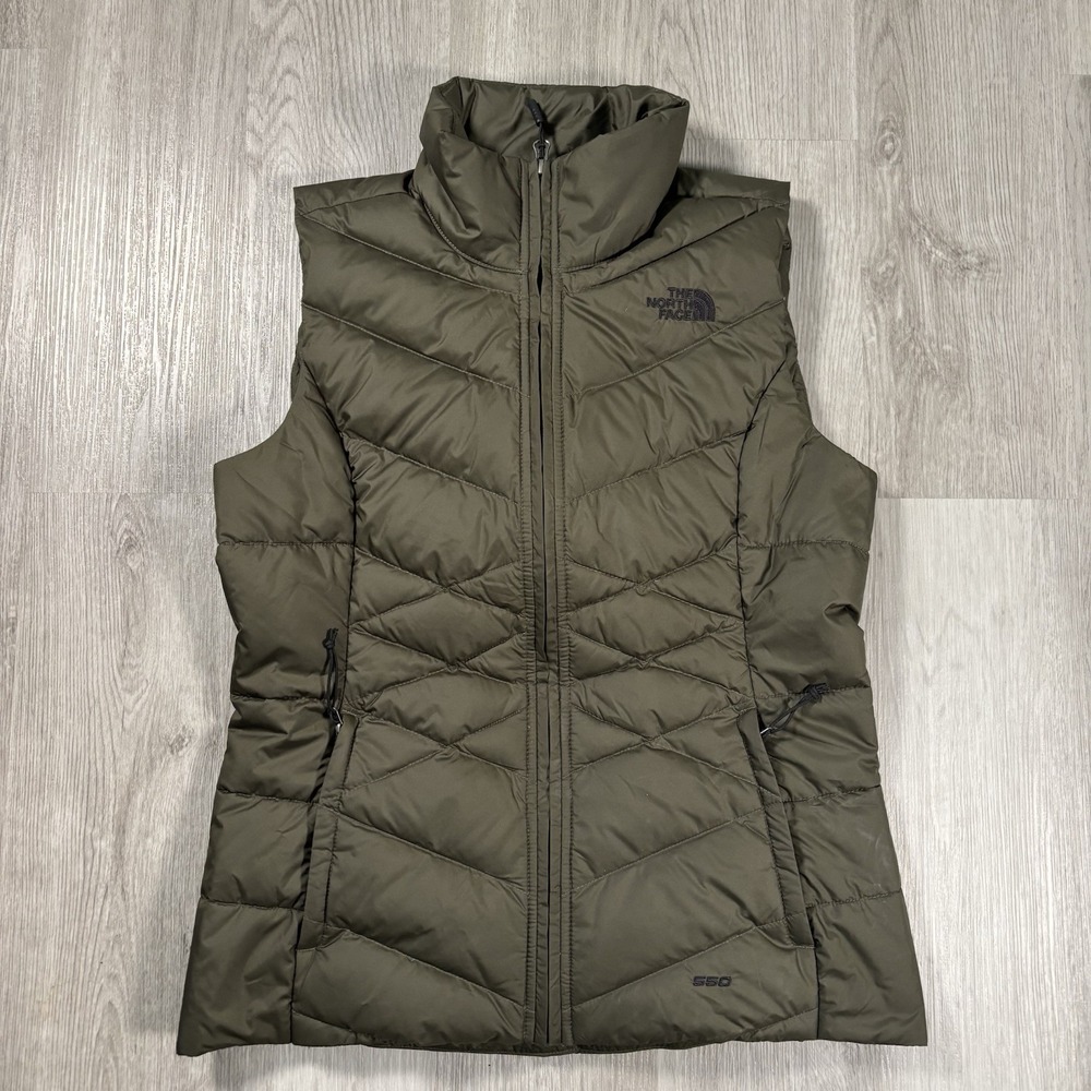 The North Face Women's Puffer Vest Size S Olive Green 550 Goose Down Full Zip